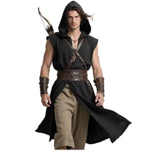 Joukavor Medieval Sleeveless Surcoat Renaissance Tabard for Men Halloween LARP (Black, M)