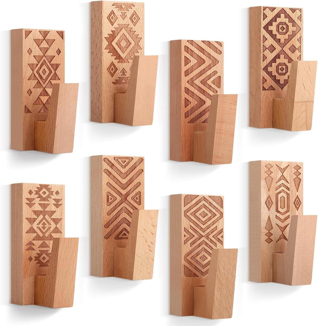 Amyhill 8 Pack Boho Decorative Wood Adhesive Wall Hooks, Boho Wooden Hooks for Hanging Hat, Coat, Jacket - No Damage Wall Mount Towel Hangers Key Holder, Bathroom Kitchen Decor(Classic Color)