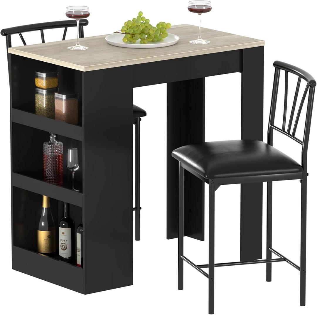 VECELO Small Bar Table and Chairs Tall Kitchen Breakfast Nook with Stools/Dining Set for 2, Storage Shelves, Space-Saving, Gray (Grey)
