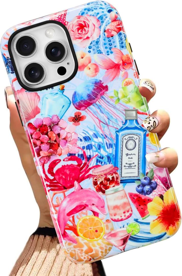 Gukalong Magnetic Case for iPhone 16 Pro Max 6.9 Inch Ocean Collage Coral Reefs Jellyfish Summer Aesthetic Phone Cover Dual Layers Heavy Duty Shockproof Protective Anti-Scratch Case for Women Men