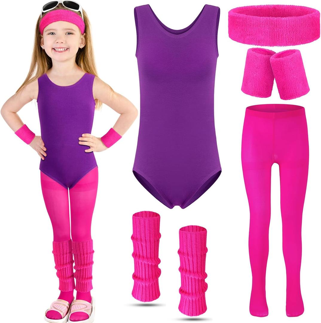 Giegxin Kids 80s Workout Costume Halloween Outfit Accessories Retro Neon Leotard Legging Headband Wristband Leg Warmers (Medium, Rose Red, Purple)