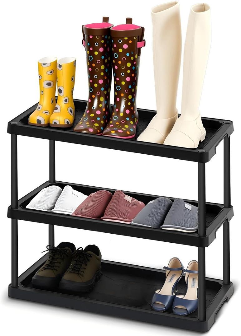 Cinnvoice Boot Shoe Organizer Rack Plastic Boot Tray Large Waterproof Utility Shoe Mat Storage Shelf for Indoor Outdoor Entryway Hallway Closet Use in All Seasons Black (28" d X 14.5" w X 29" h)