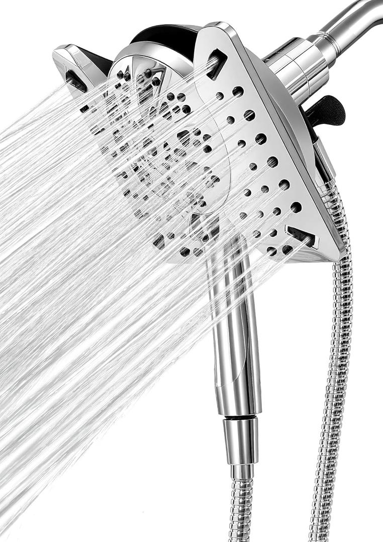 Shower Head with Handheld High Pressure, Rain Shower Head with Fixed Showerhead and 9 Sprays Handheld Shower, Detachable 2-IN-1 Shower head with 59" Rotatable Stainless Steel Hose (Chrome)