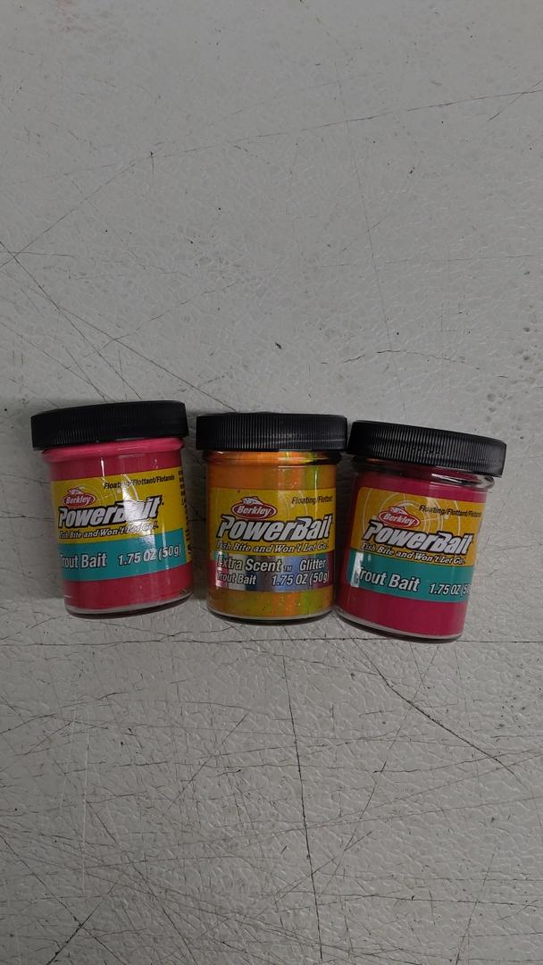 3pack of Trout Power Bait, two 1.75 oz of standard trout bait, one container of Extra Scent Glittering Trout bait.