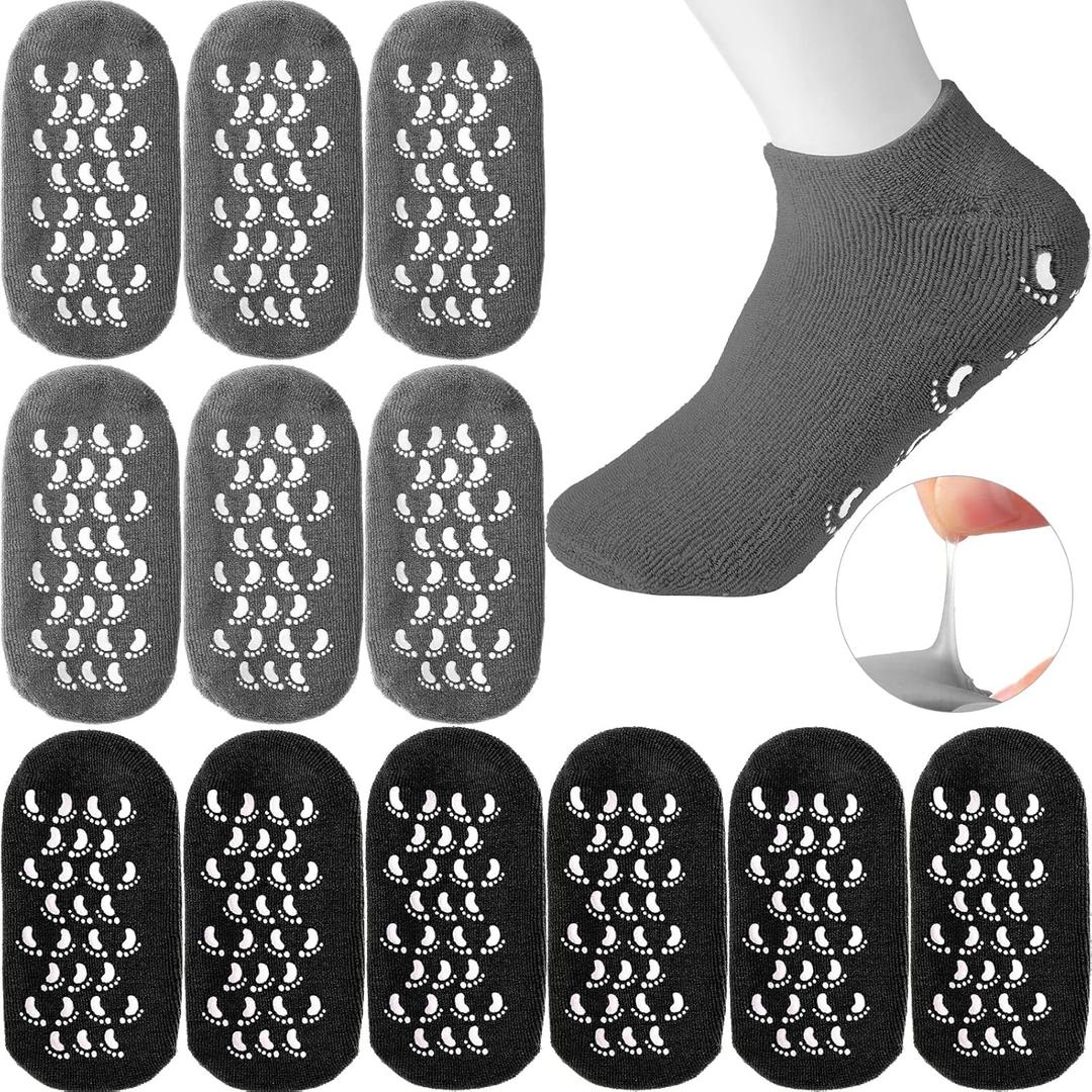JaGely 6 Pairs Moisturizing Socks Soft Gel Spa Socks for Dry Cracked Feet Skins Gel Lined Feet Care Stocking for Repairing Softening Dry Cracked (Black, Gray)