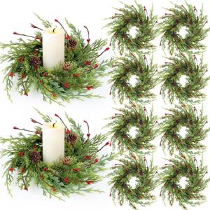 8 Pcs Artificial Christmas Candle Rings 9 Inch Cedar Pine Garland Wreaths with Red Berries Pinecones Wreaths Pine Needles Candle Ring Holder for Christmas Winter Decorations Table Centerpiece