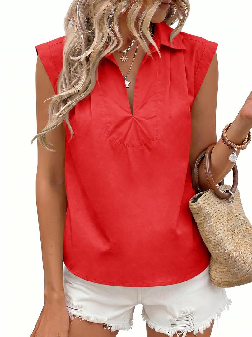 Tankaneo Womens Summer V Neck Tank Tops Collared Sleeveless Shirts Trendy Casual Loose Fit Blouse