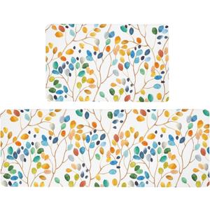 weesire Anti Fatigue Mats for Kitchen Floor Boho Kitchen Rugs Colorful Floral Leaves Memory Foam Cushioned Non-Slip Waterproof Kitchen Mat PVC Kitchen Rug Set, 17.3x28+17.3x47 inches, Laundry, Yellow