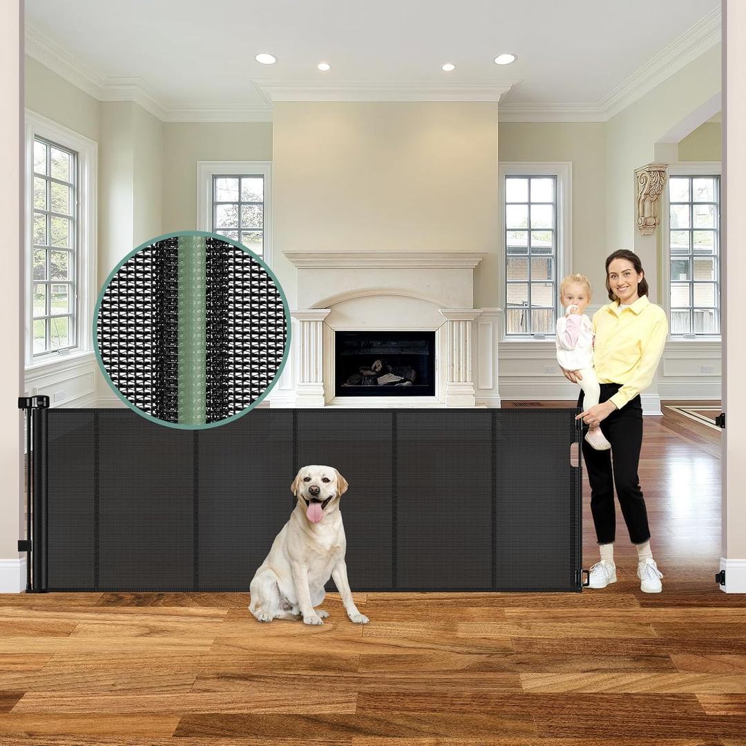 Reinforced 120 Inch Extra Wide Retractable Baby Gates with Reinforced Bars to Prevent Crawling Through Retractable Dog Gate Outdoor Retractable Gate for Dogs Extra Long Baby Gate for Large Openings (Black)
