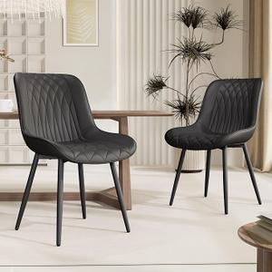 YOUNIKE Black Dining Chairs Set of 2 with High Backs Mid Century Modern Kitchen & Dining Room Chairs PU Faux Leather Upholstered Wide Seat Accent Chair Comfortable Large Padded Side Chair Metal Legs