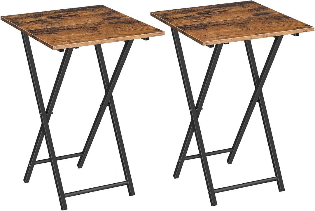 HOOBRO Folding TV Tray Tables, Set of 2 Wooden TV Trays Side Tables, Portable Sofa Snack Table, Industrial End Table for Small Spaces, Easy to Install and Fold, Rustic Brown and Black BF27BZP201