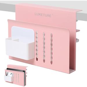 LUKETURE Desk Side Storage, Steel Side Desk Organizer, No Drill Workspace Organizers, Clamp on Computer Desk Accessories, with Magnetic Pen Holder, Fits Flat Edge Tables 0.3" to 2.8" (M(1 Tier), Pink)