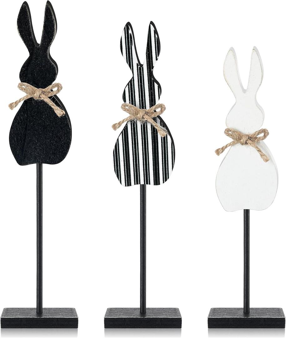 3 Pcs Easter Bunny Table Decorations Farmhouse Wooden Bunny Tabletop Centerpieces Black and White Rabbit Tall Standing Sign Block Rustic Easter Decorations for Table Home Indoor Desk Shlef