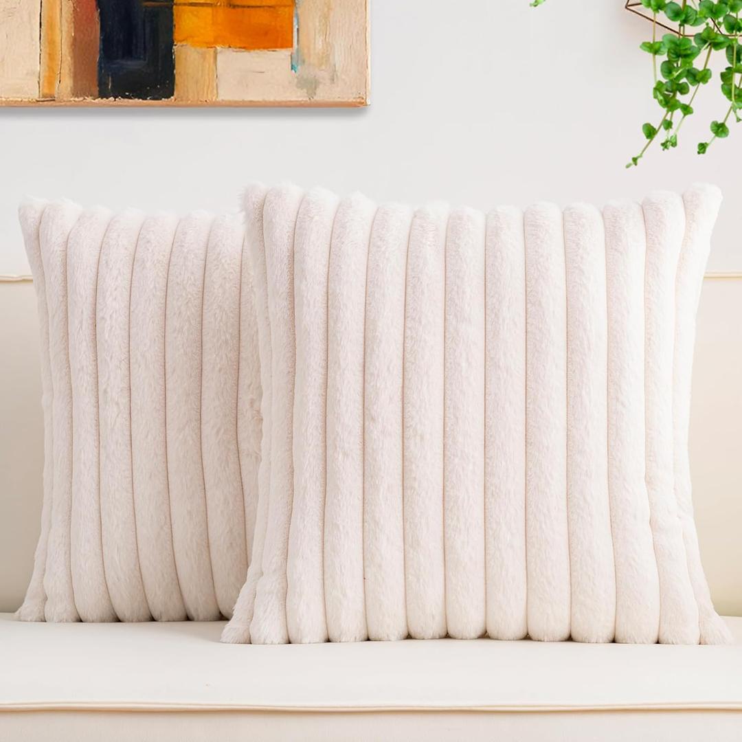 Aegero Pack of 2 Faux Fur Fall Throw Pillow Covers 22x22 Inch, Soft Plush Striped Neutral Couch Pillow Cover, with Velvet Back Modern Home Decor for Sofa Living Room Couch Bed Cream White
