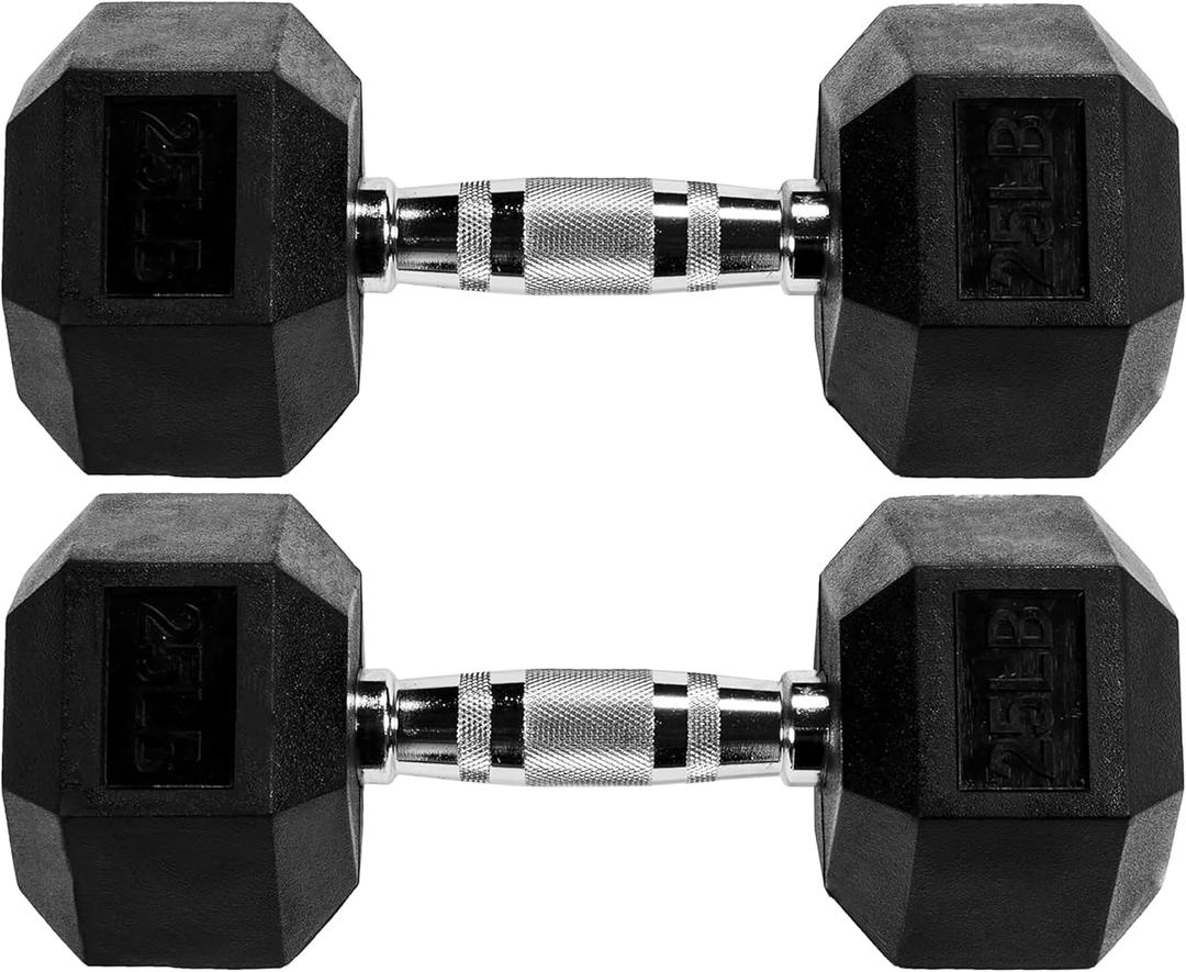 Fitvids Rubber Encased Hex Dumbbell  25LB  25LB Pair  Black