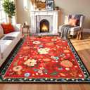 Terrug Floral Large Area Rug for Living Room, Washable 5x7 Red Christmas Rug Boho Ultra-Thin Carpet, Soft Non Slip Stain Resistant Vintage Rug for Bedroom, Dorm, Dining Room, Office
