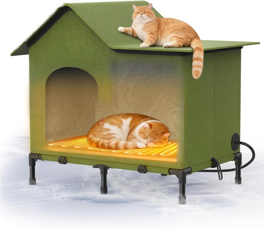 Heated Outdoor Cat House  Weatherproof Winter Shelter for Stray & Outdoor Cats, Insulated & Elevated Design for Porch, Yard, Barn or Garage, Easy Assembly Warm Cat Shelter