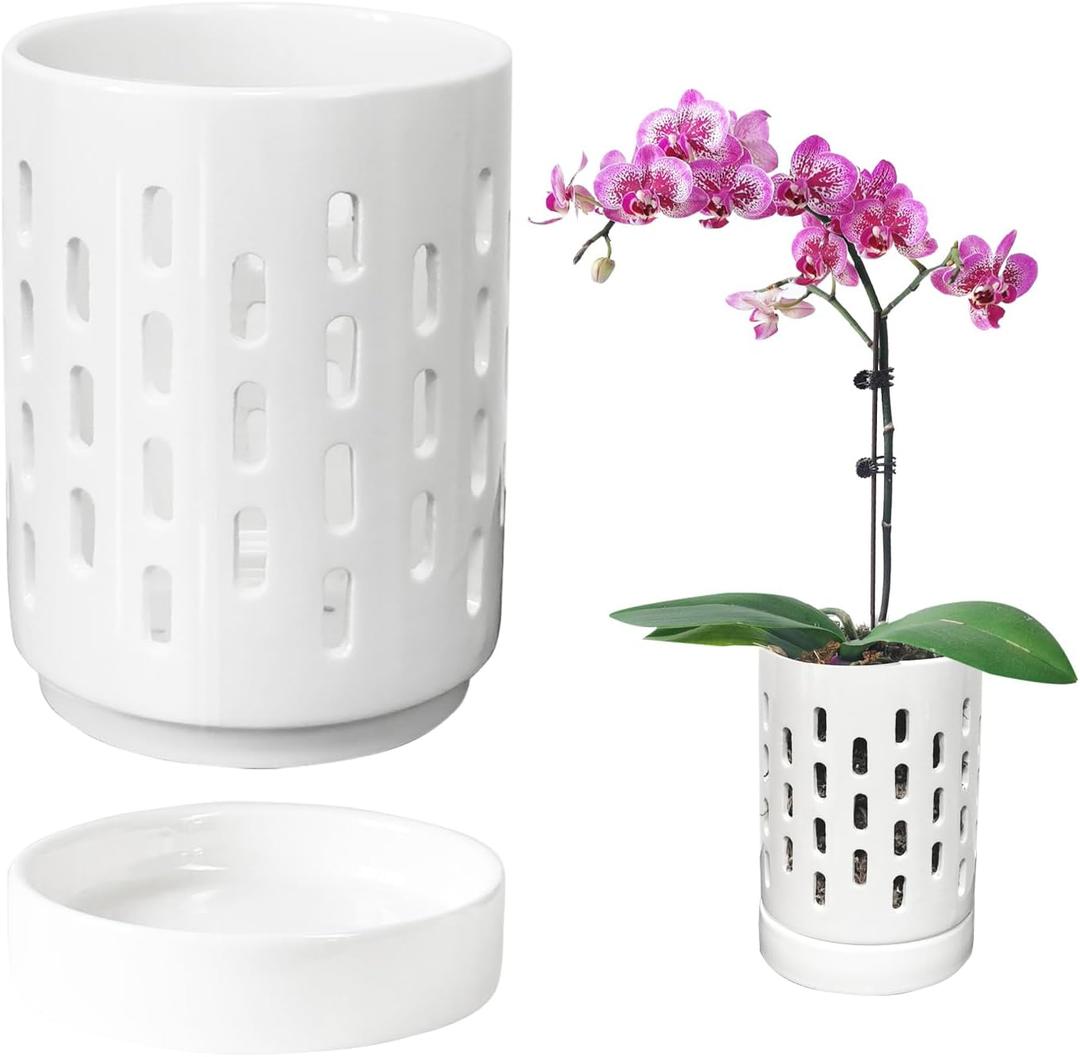 Orchid Pots with Holes,4 Inch Ceramic Orchid Pot for Repotting, Plant Pot for Repotting Orchids and Other Flowers - Indoor/Outdoor White (Carved)