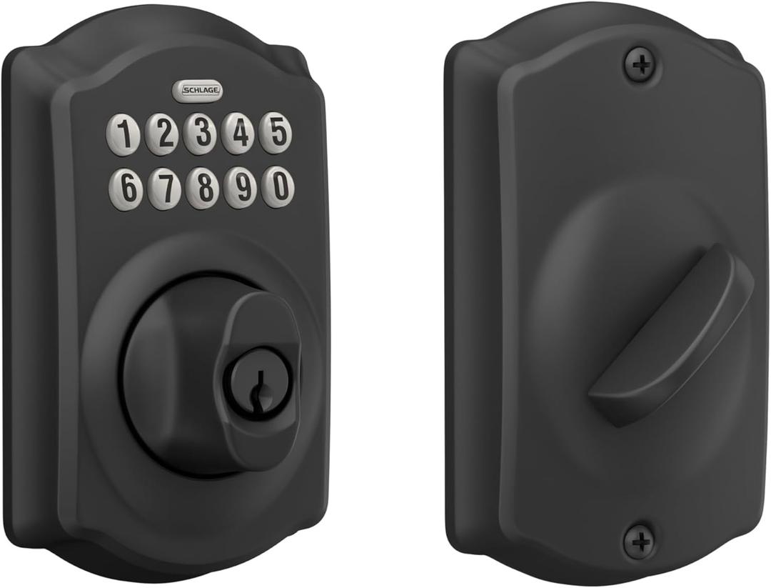 Schlage Camelot Electronic Keypad Deadbolt Lock, Keyless Front Door Entry, Mechanical Key Backup Included, Matte Black, BE365 CAM 622