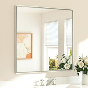 TETOTE Brushed Nickel Bathroom Mirror for Over Sink 36" x 36" Brushed Nickel Beveled Framed Rectangle Vanity Mirror for Bathroom, Bedroom, Entryway, Living Room, Tempered Glass, Stronger Frame