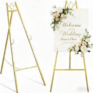 57.5" Gold Easel Stand for Wedding Sign, Heavy Duty Metal Display Stand, 4-Tier Height Adjustable Easel for Art, Paintings, Welcome Signs, Posters, and Décor, Simply Assembly Required