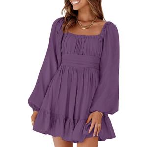 Dokotoo Womens Dress Long Lantern Sleeve Square Neck Tie Backless Sexy Dress Ruffle Elastic Waist A-Line Mini Dress (Purple, M)