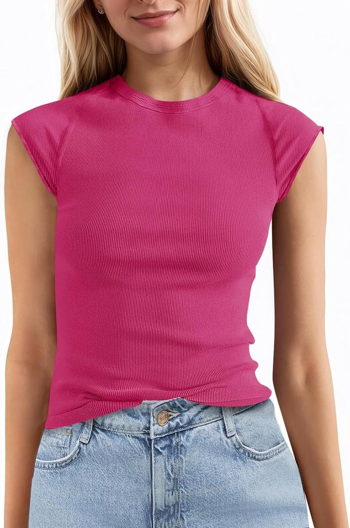 Tankaneo Womens Cap Sleeve Tops Crew Neck Ribbed Knit T Shirt Summer Casual Slim Fit Basic Tees Tshirt (Pink)