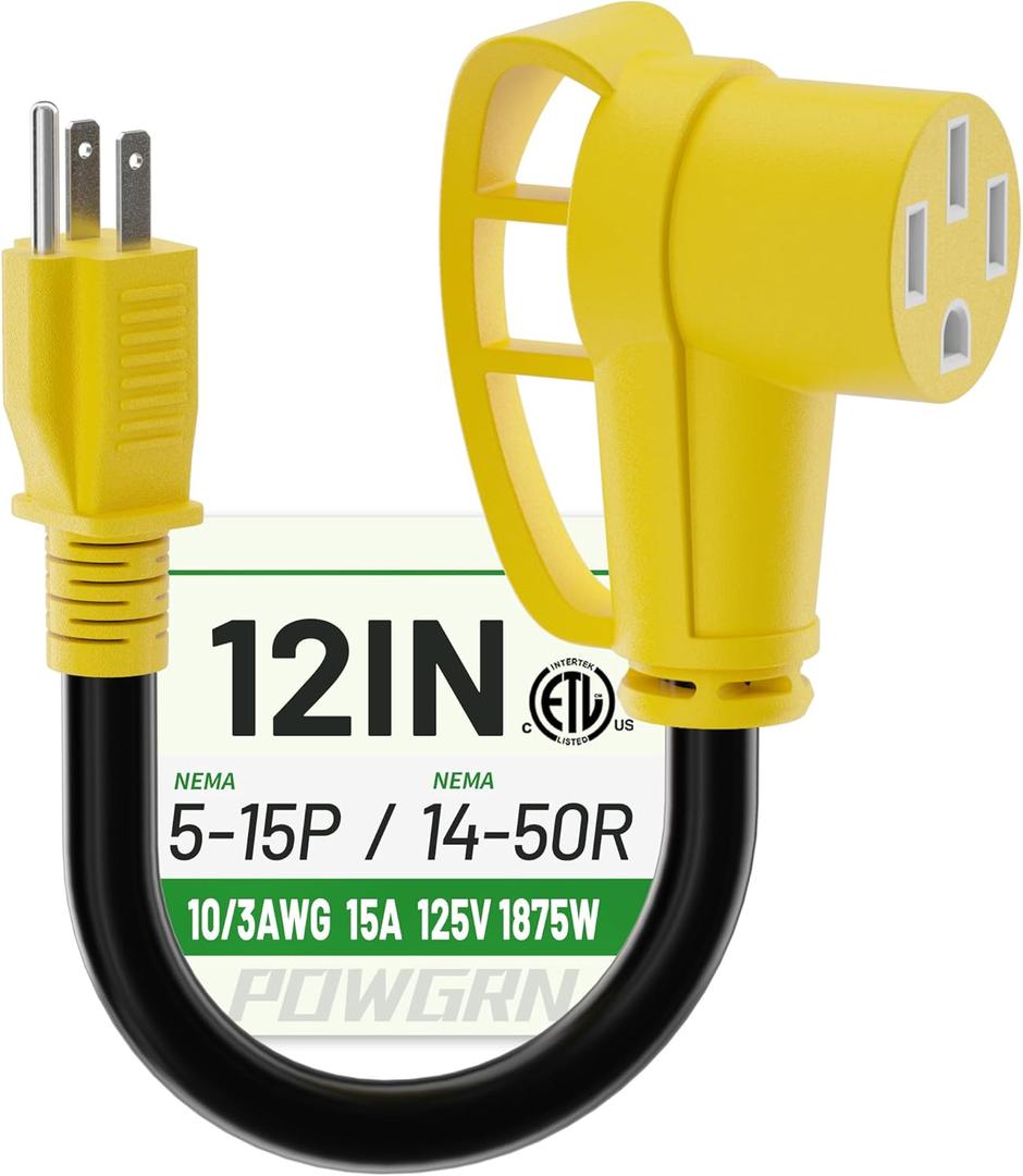 POWGRN NEMA 5-15P to NEMA 14-50R, RV 50 Amp to 110 Adapter 12 inch, Heavy Duty 10/3 Gauge RV Electrical Adapter, STW 10AWG 15A 125V 1875W, Black-Yellow, ETL Listed