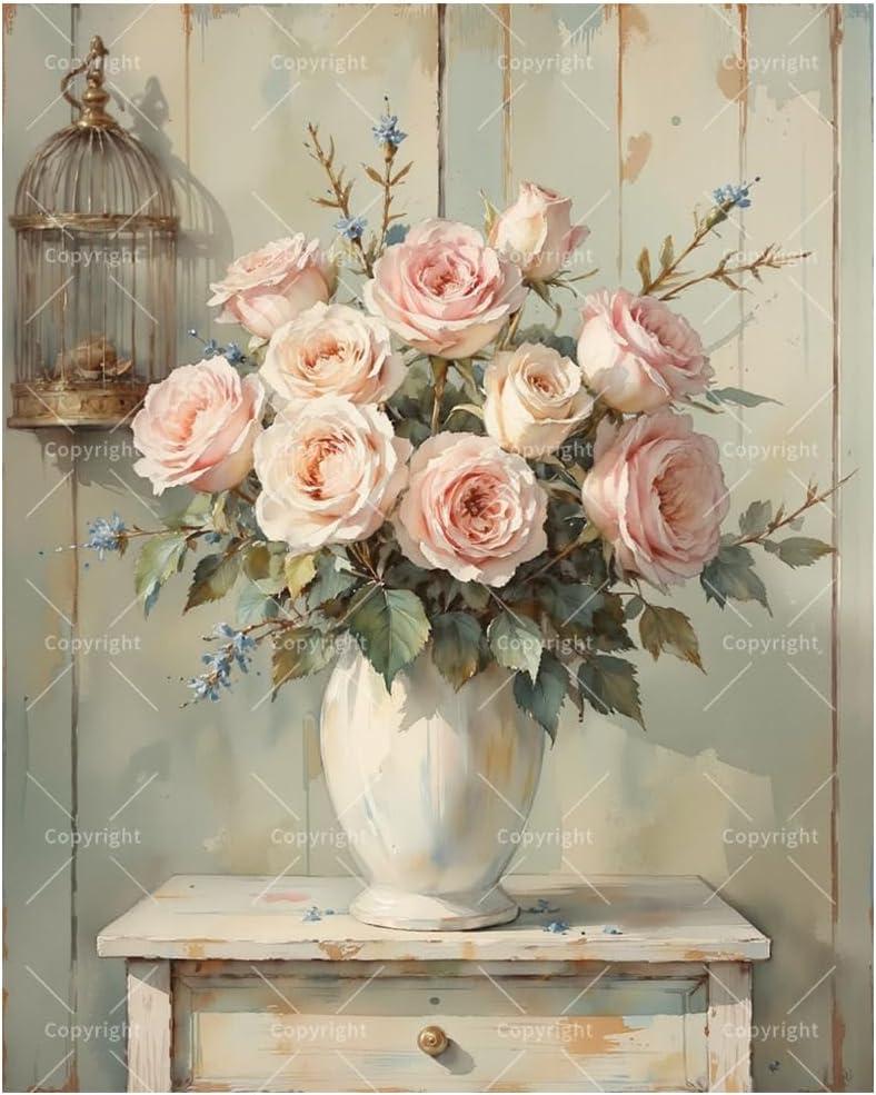 Still Life Paint by Numbers Kit for Adults - DIY Pink Roses in Vase Painting on Canvas, Acrylic Paint Set, Suitable for Beginners, Art for Home Decoration or Gifts(16X20IN Framed)