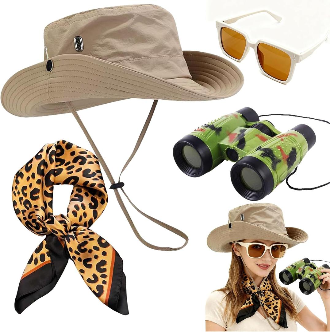 Safari Costume Women, 4 PCS Zoo Keeper Costume Adult Includes Safari Hat Outfit Accessories, Leopard Print Scarf, Binoculars, Light-Proof Glasses, Rave Party