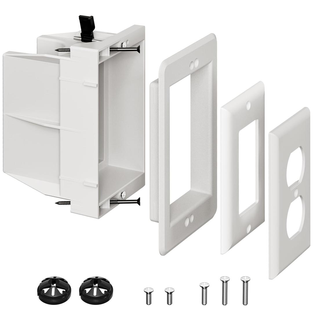 DVFR1W-1 Recessed Outlet Box, Recessed Electrical Box for Wall Mount TV, Outlet Mounting Box for New Construction&Retrofit Projects, Wall Outlet Box with Duplex & Decorator Style Covers,1-Gang