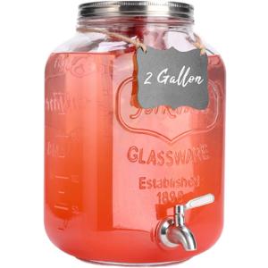 2 Gallon Glass Drink Dispenser For Parties,Beverage Dispenser,Lemonade Dispenser with 18/8 Stainless Steel Spigot Leakproof for Sun Tea, Picnic,Homemade Juice