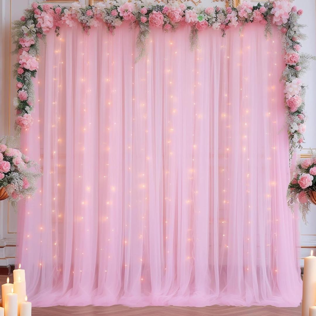 10x10ft Pink Tulle Backdrop Curtain with Lights String for Parites, Sheer Backdrop Curtains for Baby Shower Wedding Birthday Party Photo Shoot Decorations (10ft x 10ft (2 Panels 5*10ft))