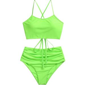 ZAFUL Women's High Waisted Bikini Set Crisscross Tankini Swimsuit Tummy Control Ruched Bathing Suit (L)