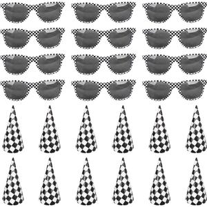24Pcs Race Car Party Supplies Favors Set Include 12 Race Car Checkered Sunglasses 12Black and White Checkered Cone Hats for Teenagers and Adults Birthday Decorations