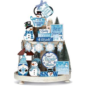19 Pcs Winter Christmas Tiered Tray Decorations Set Snowman Snowflake Tiered Decor Winter Wooden Signs Farmhouse Table Centerpiece with Rope Holders for Xmas Party Favor Supplies