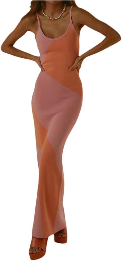 Bodycon Dresses for Women Summer Knit Hollow Out Sexy Night Out Midi Maxi Dress Sleeveless Long Cut Out Dress (Large)