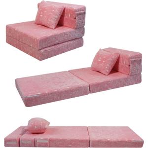 MeMoreCool Glow Pink Unicorn Tri-fold Sofa Bed for Kids, Foldable Futon Chair and Floor Couch, Convertible Trifold Mattress for Playroom