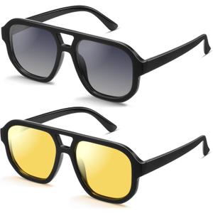 livho Trendy Polarized Square Aviator Sunglasses Women Men Square Eyewear Frame, Retro Sun Glasses for Women Men 2025 Shades (Black/Grey + Black/Yellow Tint)