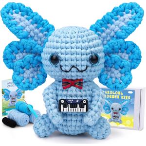 Pnytty Crochet Kit for Beginners, Crochet Animal Kits for Starters with Step-by-Step Video Tutorials, Blue Axolotl Knitting Kit with Easy-to-See Stitches Yarn, Crochet Hooks for Adults Easy Craft