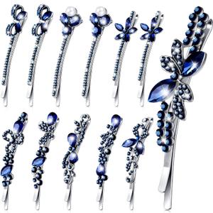 Hanaive 12 Pcs Vintage Crystal Rhinestone Hair Pins Side Clip Something Blue Gift for Bride Sapphire Bobby Pins Navy Blue Hair Accessories Flower Butterfly Barrettes for Wedding Women