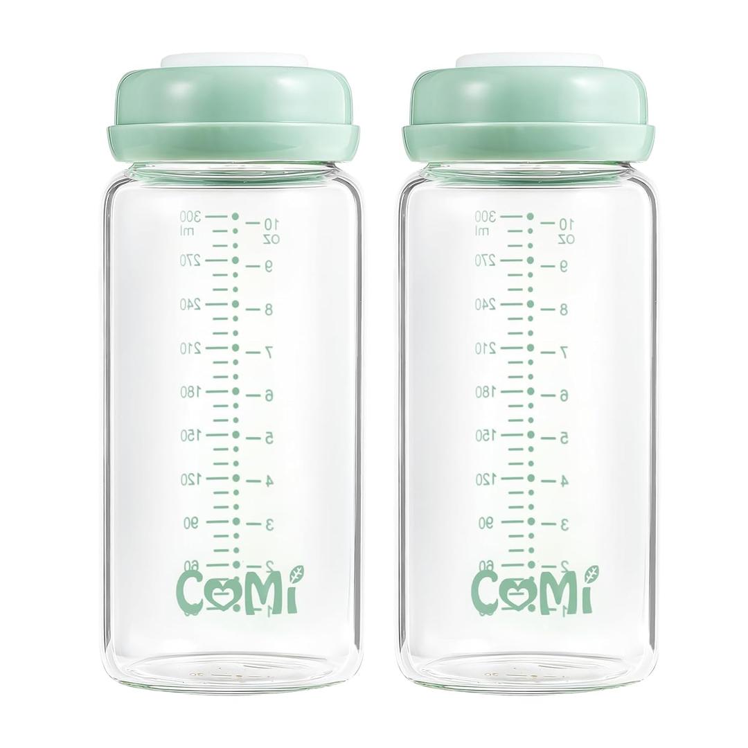 COMI Wide Neck Glass Breastmilk Collection n Storage Bottle, 2 Packs,10oz with Screw Ring Sealing Disk,Re-markable Sealing Disc,BPA Free,Fits Breast Pumps&Nipples(2 Green Lids)