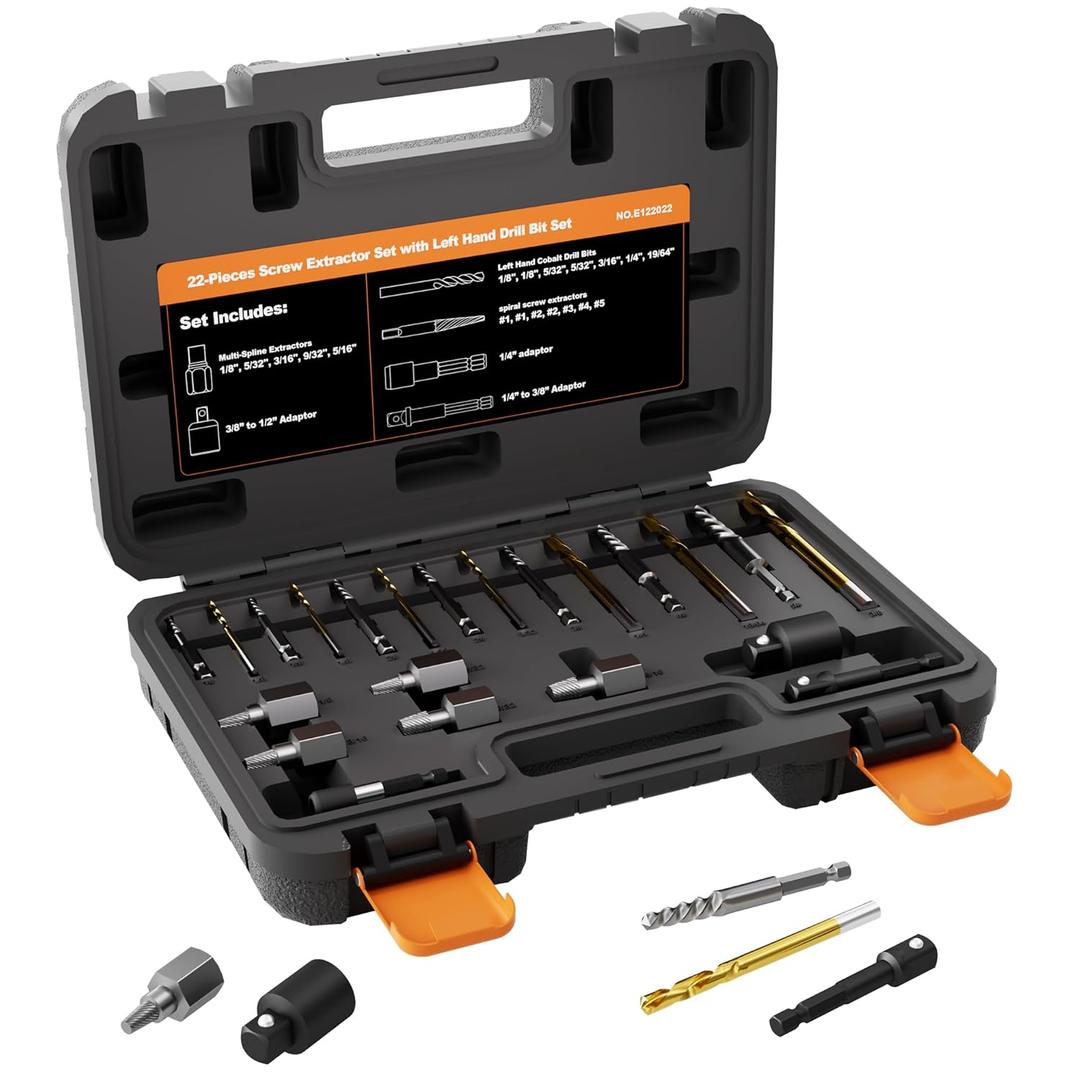 22-Piece Screw Extractor & Left Hand Drill Bit Set, Easy Out Bolt Remover Kit with 3 Adapters for Broken, Rusted, Stripped Nuts, Screws & Studs