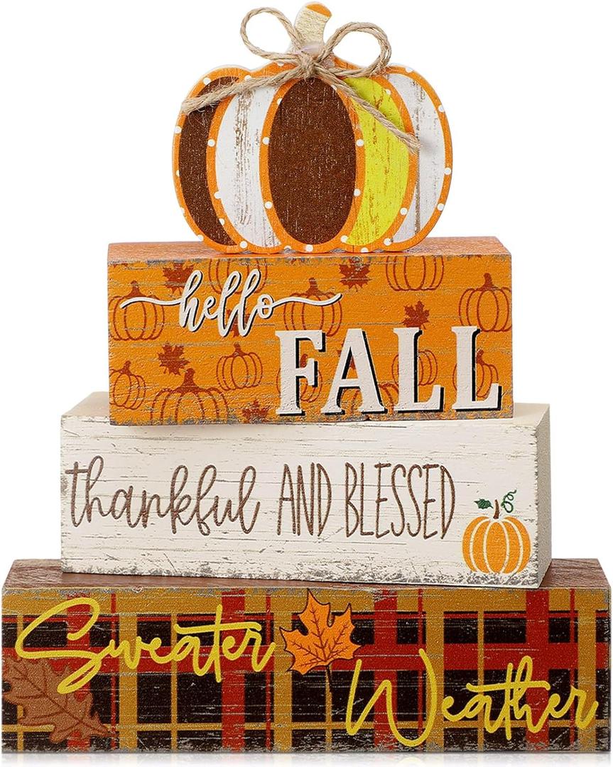 Geelin 4 Pcs Thanksgiving Decorations Fall Wooden Sign Pumpkin Tiered Tray Decor Hello Fall Table Centerpiece Wood Blocks Table Top Sign for Home