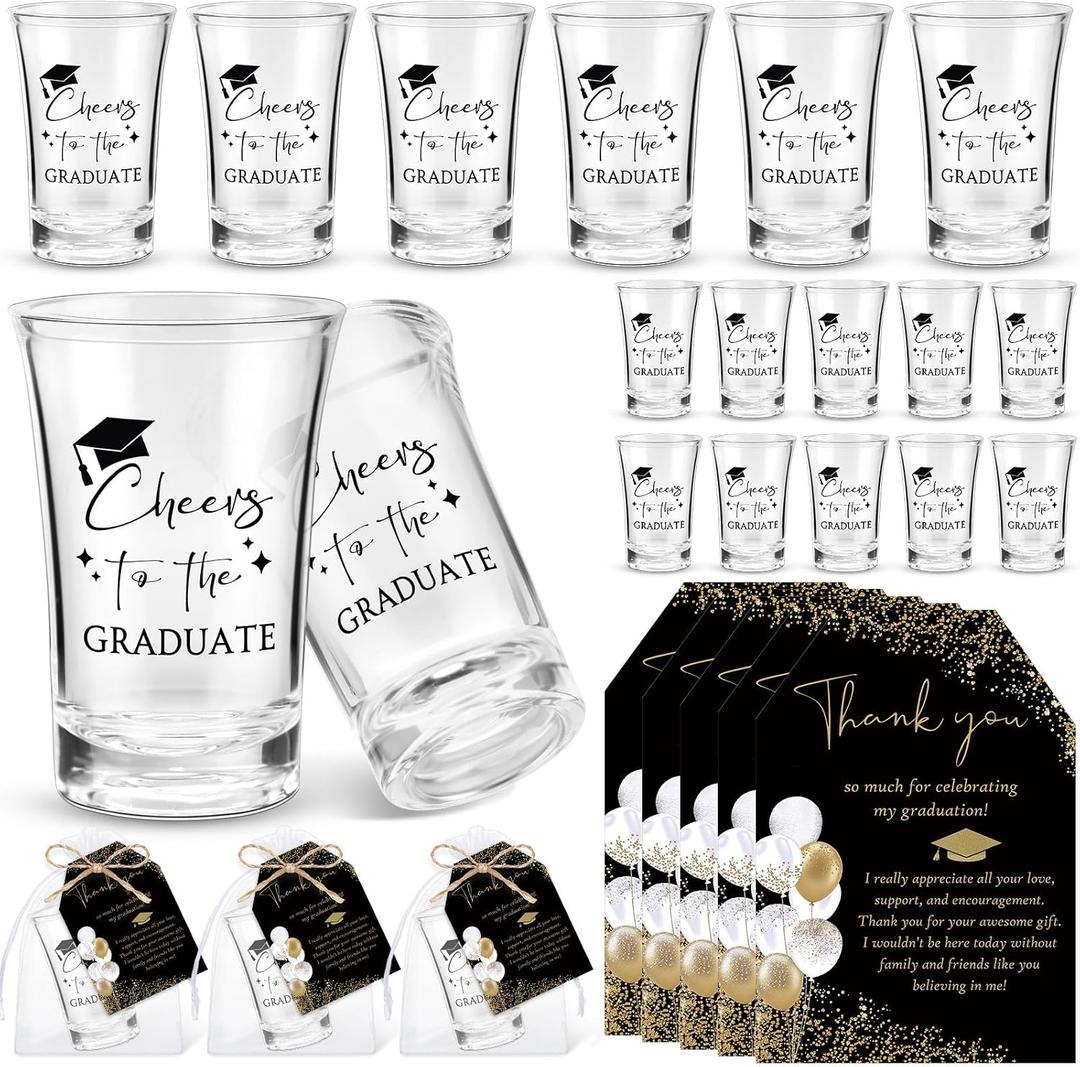 Maxcheck 25 Sets Graduation Party Favors for Guests Cheers to the Graduate Acrylic Shot Glasses with Thank You Cards and Organza Bags Graduation Gifts for Teacher Classmates Family(Black Color)