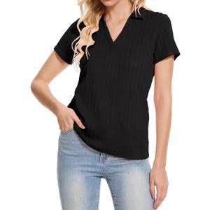 YuKaiChen Women's Polo Shirts Casual Summer Collared Tops Short Sleeve Knit Tops V Neck (Pink, L)