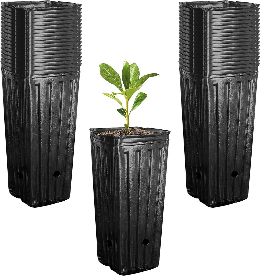 RunNico 50pcs Plastic Deep Plant Nursery Pots, 9.8Tall Tree Pots,Black Deep Seedling Container Pots with Drainage Holes for Indoor Outdoor Gardening (4.7" Wx9.8 H)