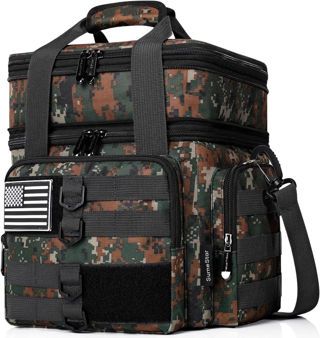 Tactical Lunch Box for Men, Large Insulated Lunch Bag for Adult, Heavy Duty Double Deck Expandable Lunch Cooler Bag with American Flag, Leakproof Soft Lunch Pail for Work Office Camping - Camo Green (16.5L)