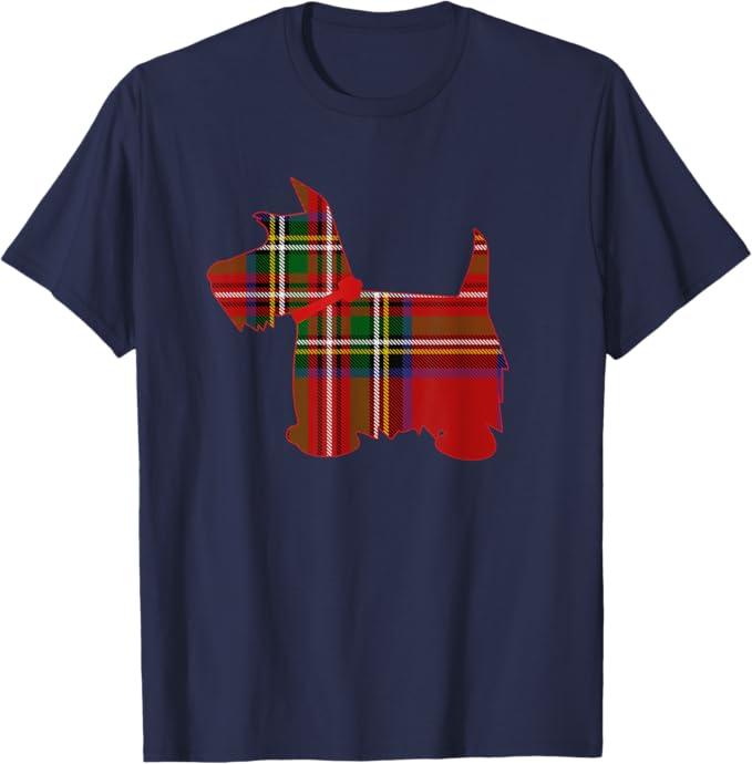 Scottie Dog Scottish Terrier Royal Stewart Tartan Red Plaid T-Shirt (Small, Navy)