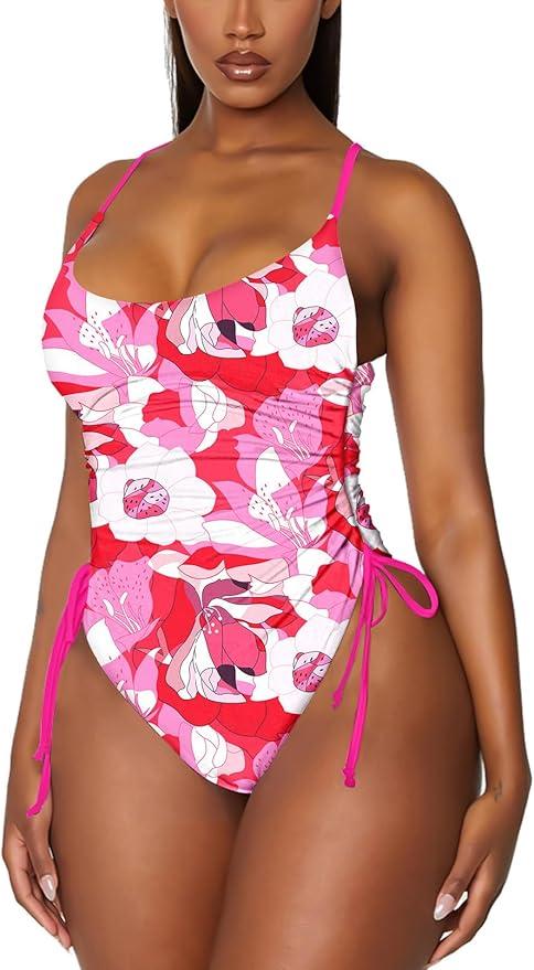 Viottiset Women's Ruched High Cut One Piece Swimsuit Tummy Control Bathing Suit Monokini, (Medium)